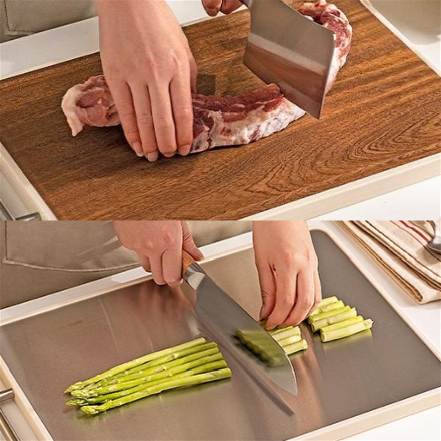 Dingrich Double-Sided Cutting Board for Kitchen, 15x10inch Chopping Board with Non-Slip Suspension Handle, Ebony Wood and Stainless Steel Sides for Cutting Diverse Ingredients, 1 Pack