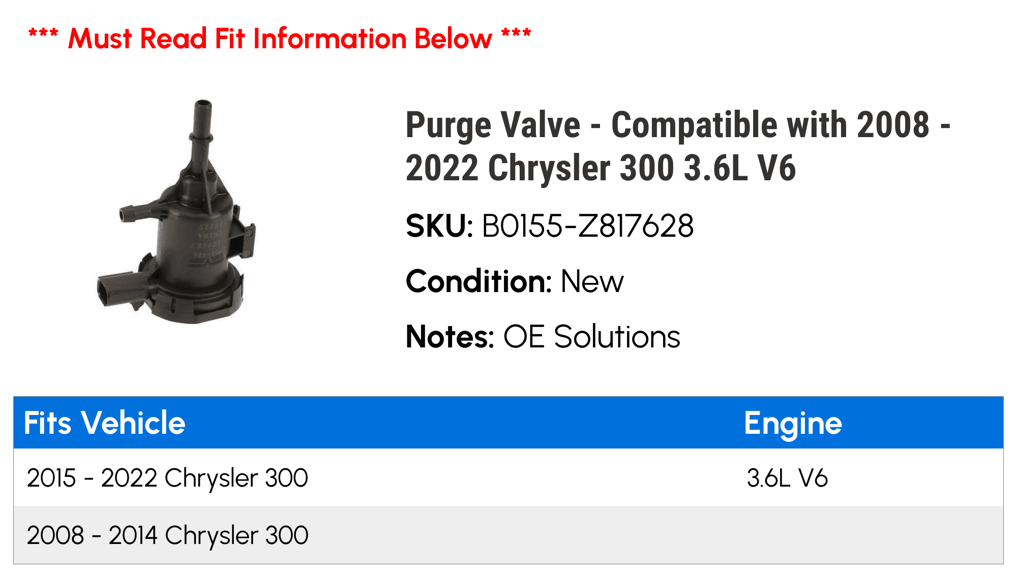 Purge Valve - Compatible with 2008 - 2022 Chrysler 300 3.6L V6 2009 2010 2011 2012 2013 2014 2015 2016 2017 2018 2019 2020 2021