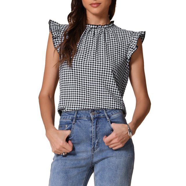 INSPIRE CHIC Women's Gingham Plaid Top Mock Neck Cap Sleeves Ruffles Blouse S Black