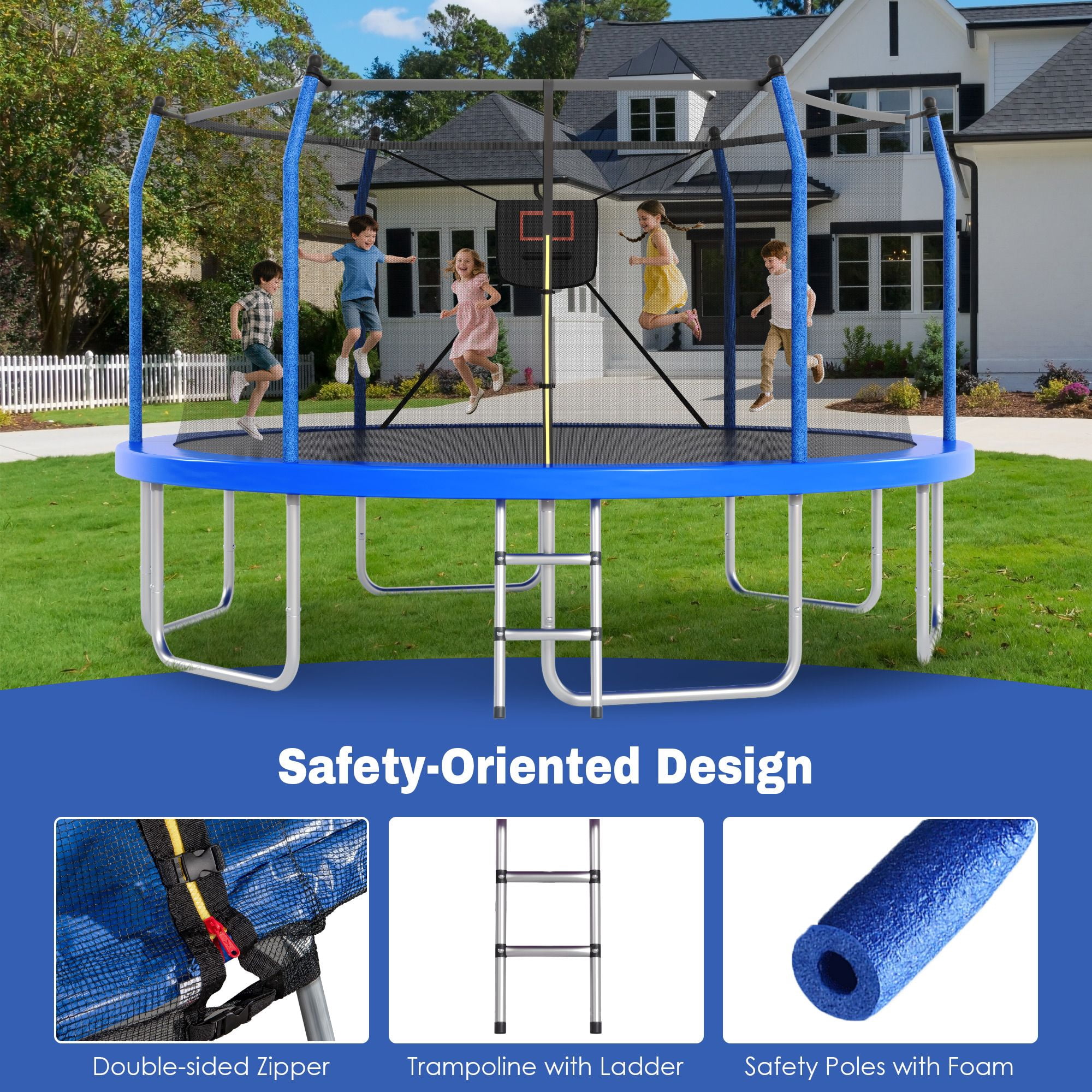 Alvantor 14ft Trampoline with Basketball Hoop & Lights, Outdoor Round Trampolines for Kids with Enclosure net Blue