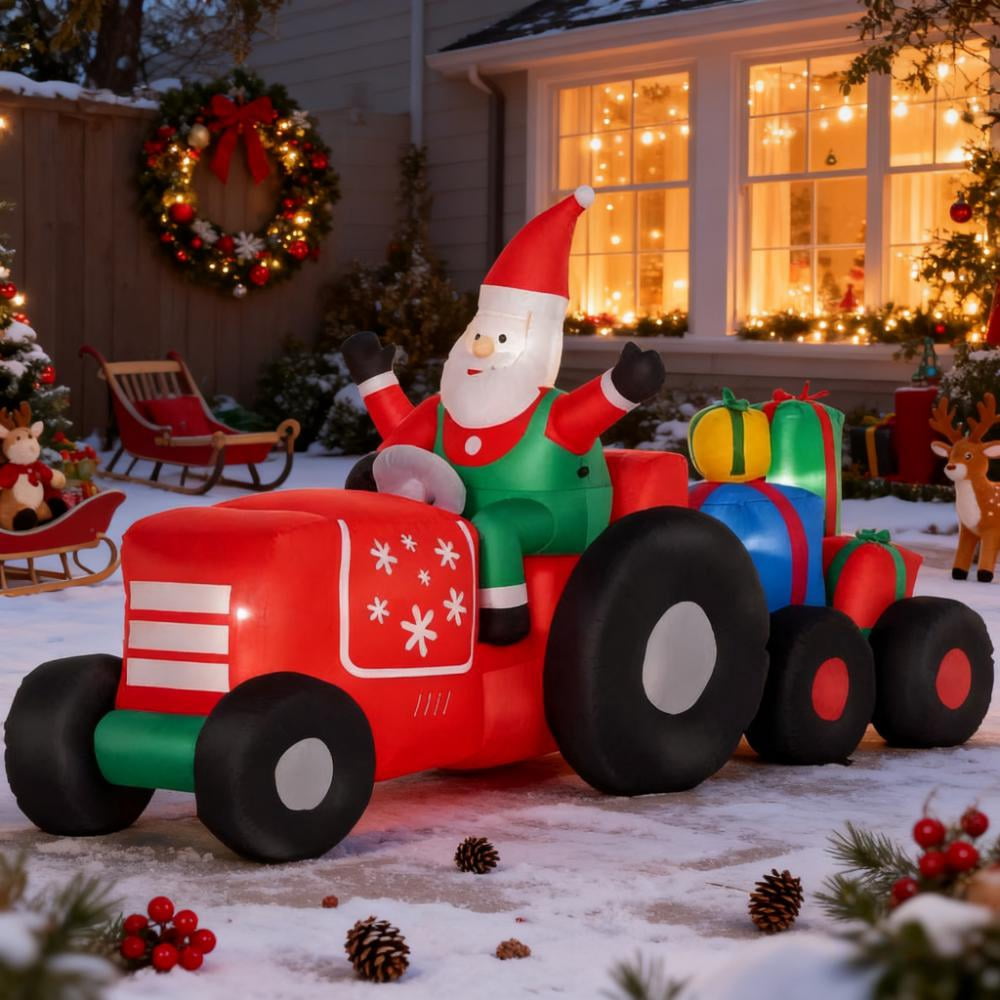 Inflatable Santa Claus Driving Trailer with Gift Boxes LED Lights Outdoor Yard Christmas Decoration