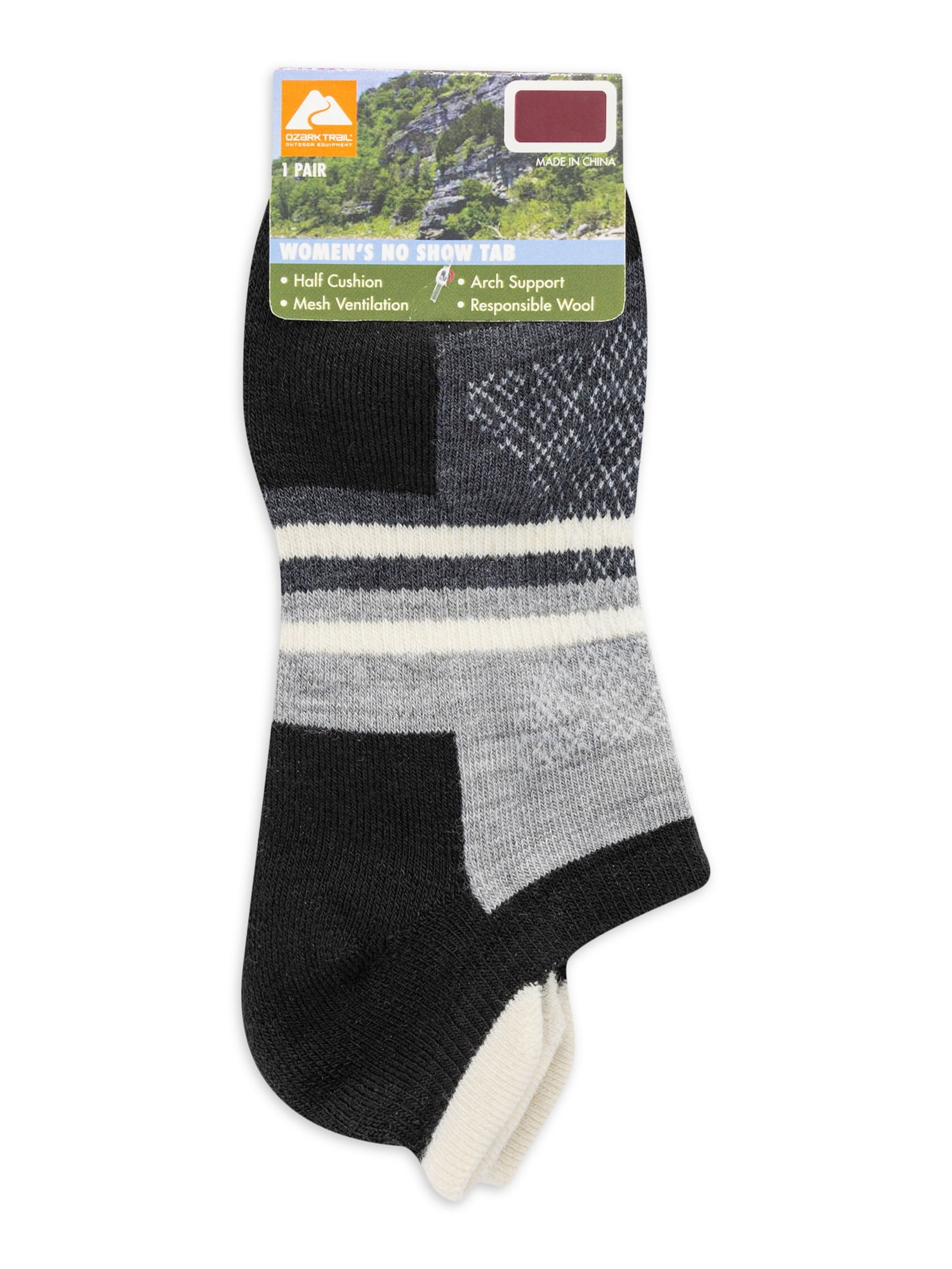Ozark Trail Women's Merino Wool Blend No Show Tab Hiking Socks, 1 Pack