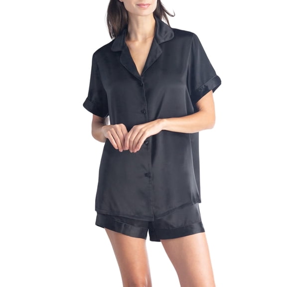 Fishers Finery Women's 100% Pure Mulberry Silk Short Pajama Set; Button Front Closure Top/Drawstring Shorts (Black, L)