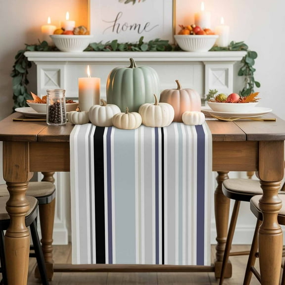 Gray Black Stripes Cotton Linen Table Runner, Washable Table Runners for Kitchen, Dining Room, Holiday, Home Party Table Decor, 13x60 Inches
