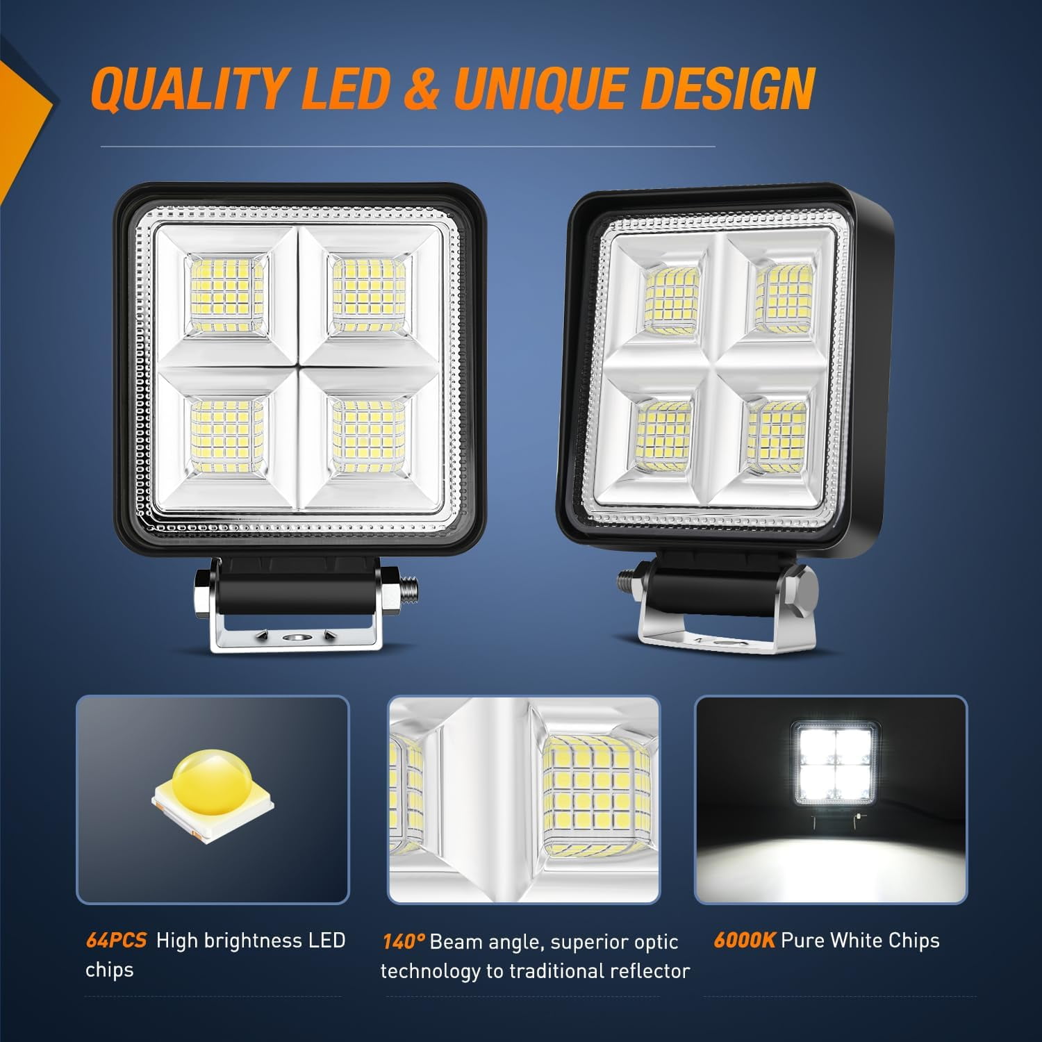 Nilight LED Tractor Lights LED Pod Lights Square 2PCS 4 Inch 64LED Flood LED Light Bar LED Fog Light Driving Light Led Work Light for Truck Off Road Vehicles ATV UTV Boat