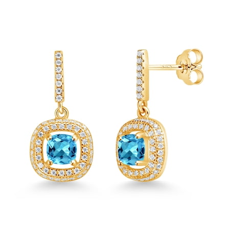 Gem Stone King 18K Yellow Gold Plated Silver Dangle Earrings Cushion Topaz and Moissanite (1.85 Cttw)