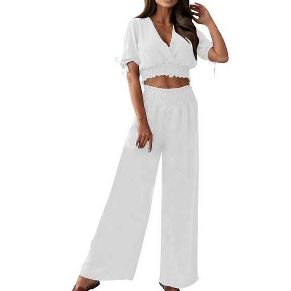 XuJwPNcy Two Piece Outfit for Women Short Sleeve V Neck Crop Top with Wide Leg Pants Summer Beach Vacation Set