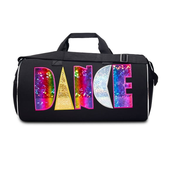 Rainbow Shimmer Dance Duffle Bag for Girls, Kids Travel Bag with Adjustable Carry on and Handy Pouch, Dance Accessories for Girls, Teens - 18 L