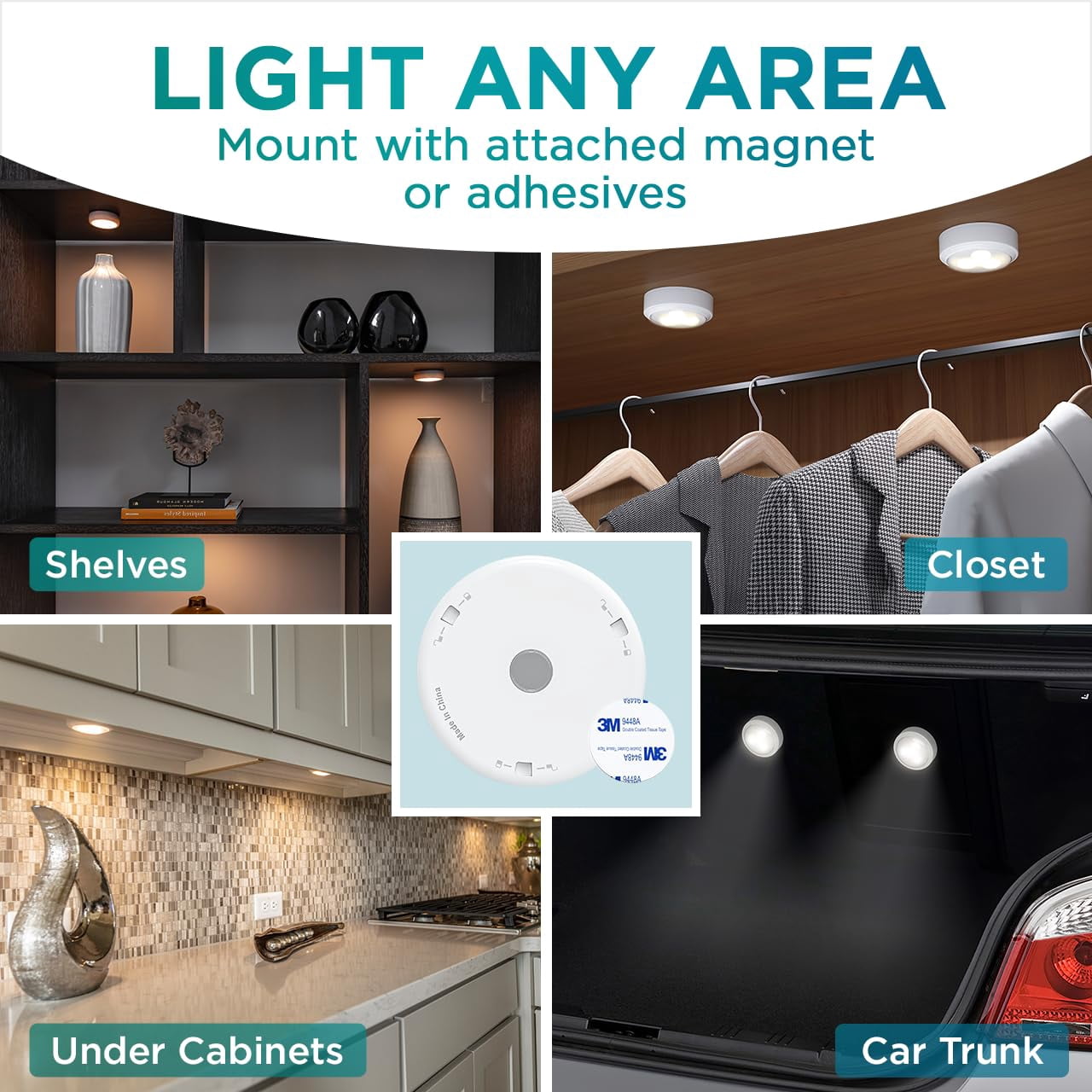 Brilliant Evolution Stick On Puck Lights - Battery Powered Cabinet Lights for Kitchen Under Cabinet Lighting - Wireless Tap On LED Touch Light, 3000K Warm White with Easy Installation - 9x9x2-Inch