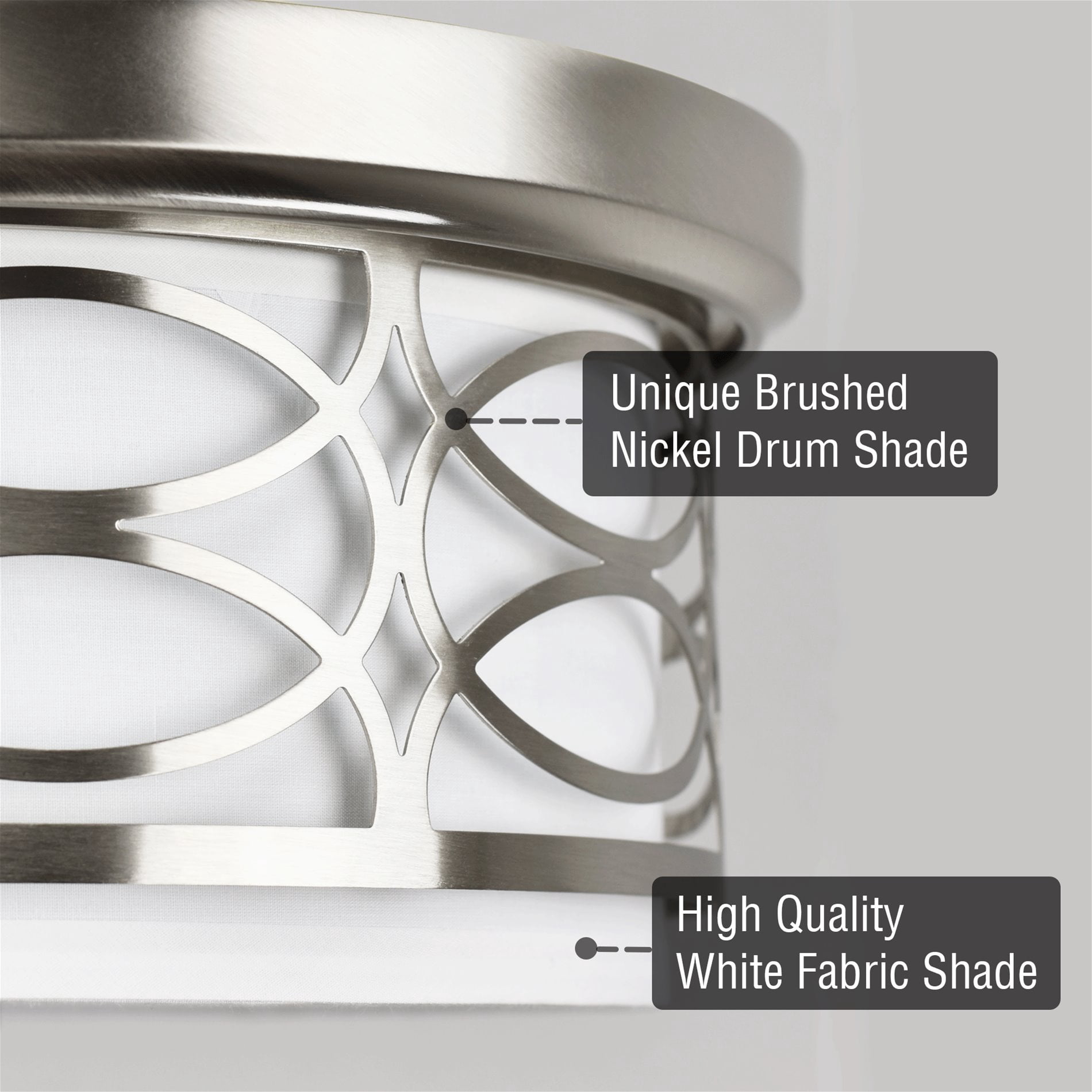 Kira Home Sienna 13" Lattice Drum Flush Mount, Silver Ceiling Light, White Linen Shade, Glass Diffuser, Brushed Nickel