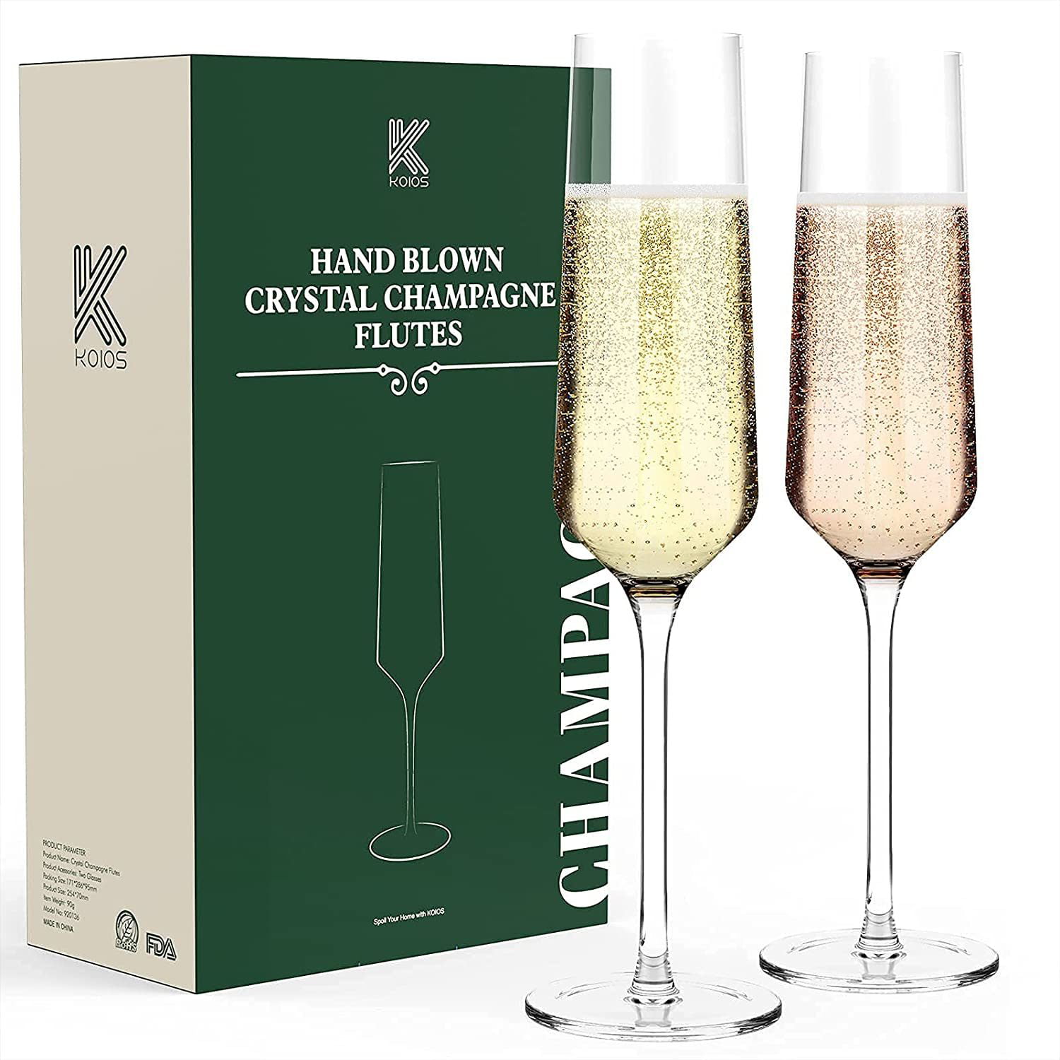 Champagne Flutes Glass Set of 2,KOIOS Hand Blown Champagne Glasses Toasting  Crystal Flutes Goblet,Champagne Glasses Wedding Thanksgiving Party Cocktail  Cups 