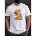 thumbnail image 1 of Men'S Summer Casual Crew Neck T-Shirt with Cute Capybara Drinking Milk Tea Print, 100% Cotton Knit Fabric, Slight Stretch, Regular Fit, Geometric Pattern, 150gsm - Blue, Casual Sporty Tee, Comfy Tee, 1 of 6