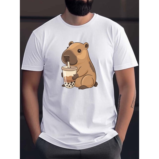 Men'S Summer Casual Crew Neck T-Shirt with Cute Capybara Drinking Milk Tea Print, 100% Cotton Knit Fabric, Slight Stretch, Regular Fit, Geometric Pattern, 150gsm - Blue, Casual Sporty Tee, Comfy Tee