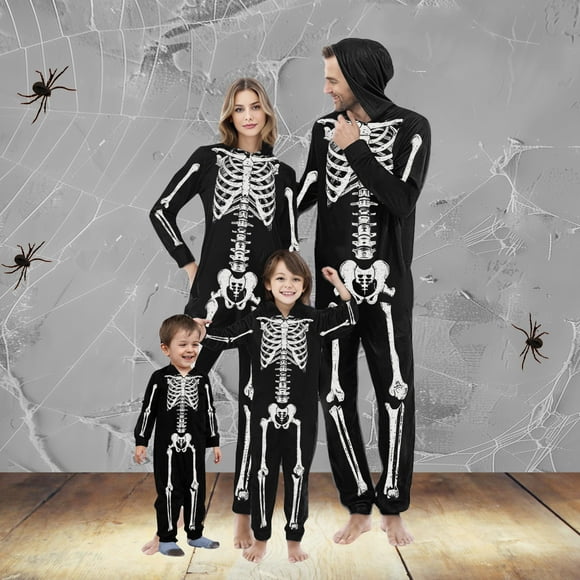 Meichang Matching Family Halloween Pajamas One-Piece Onesies Skeleton Print PJs Hooded Zip Up Sleepwear Romper for Women Men Couples Kids Baby