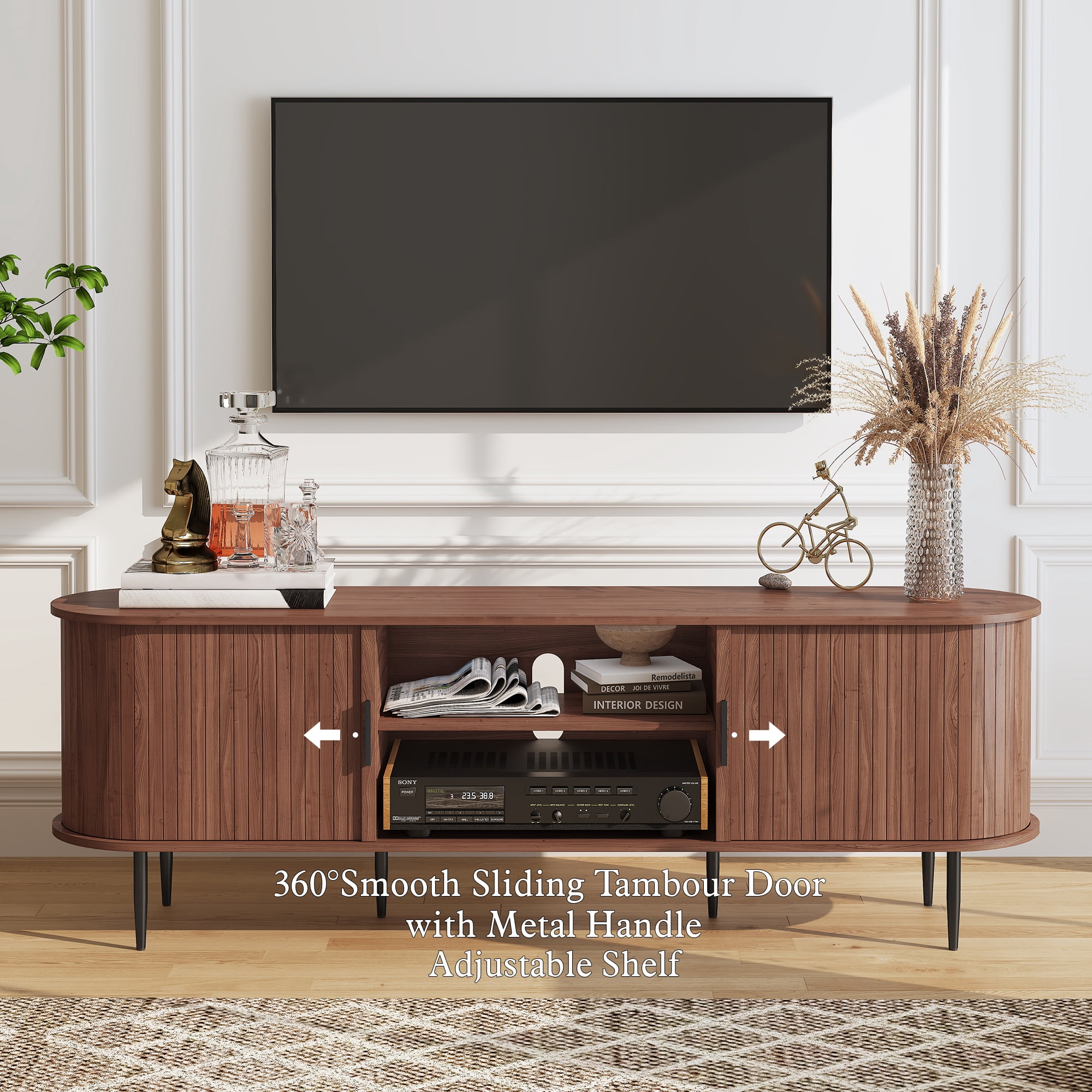HLR 70" Mid Century TV Stand with Tambour Door for TVs up to 80", Entertainment Center with Storage, Brown