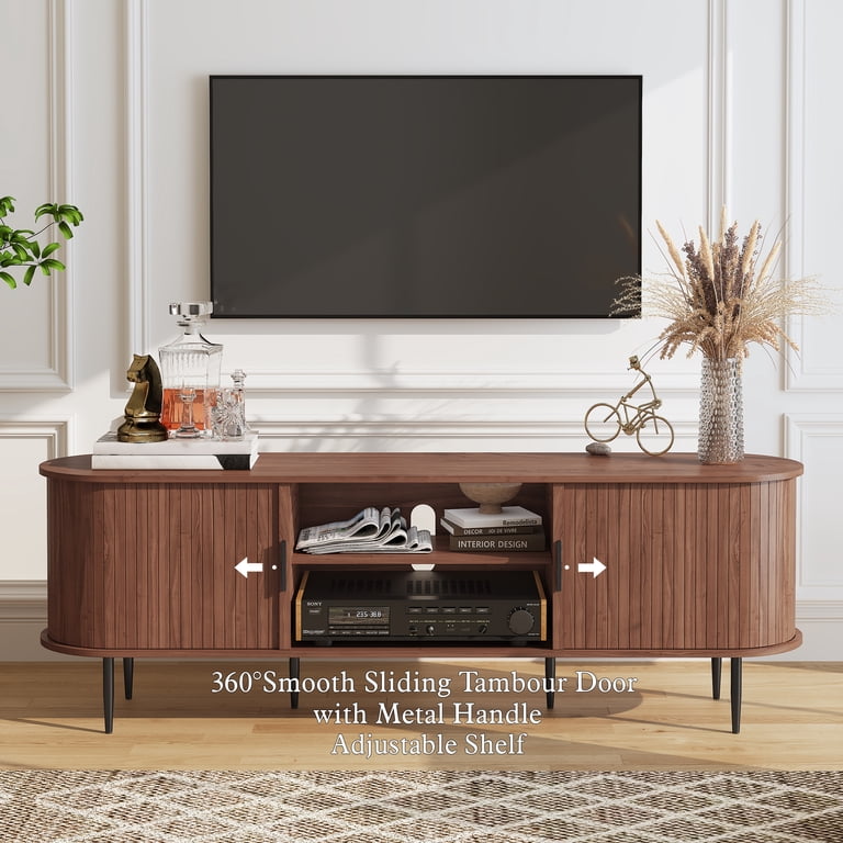 HLR Modern TV Stand with Sliding Doors, 75-Inch, Brown photo 3