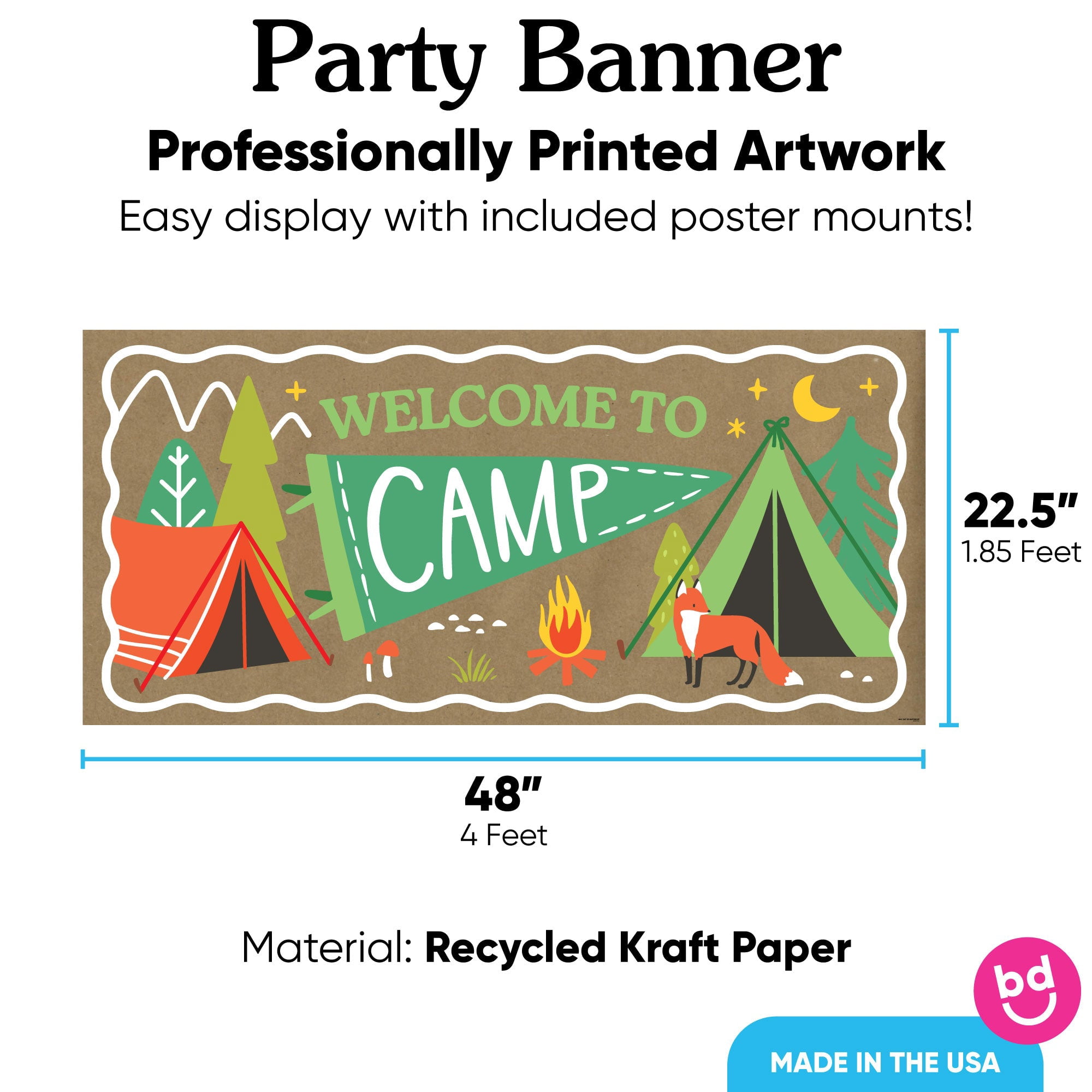 Big Dot of Happiness Camping Kraft Paper Banner, Happy Camper Kids Birthday Party Welcome Banner, Printed Brown Paper Party Sign Decoration – 1 Count