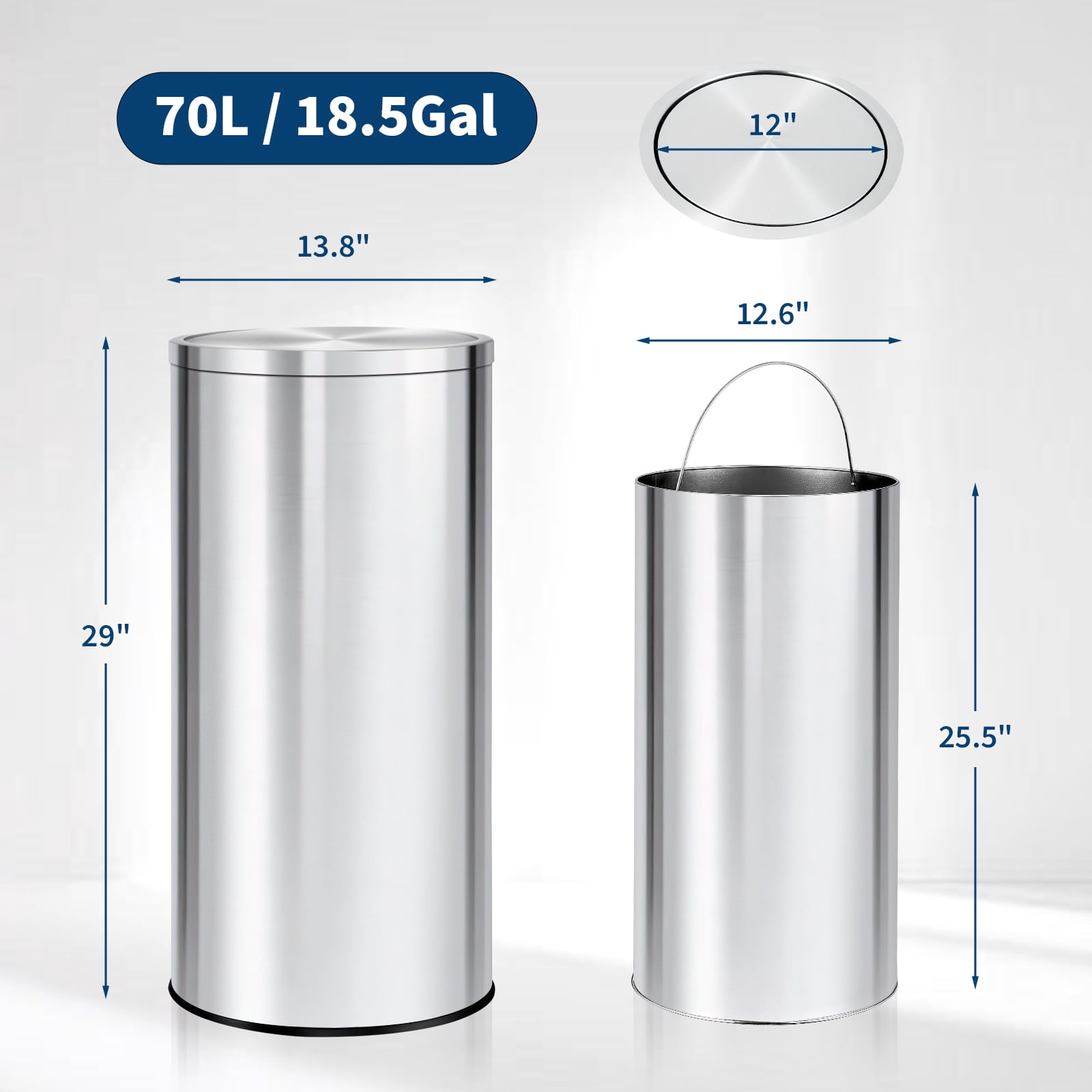 18.5 Gallon Swing Top Trash Can, Stainless Steel Kitchen & Commercial Garbage Bin for Kitchen, Bathroom, Home Office