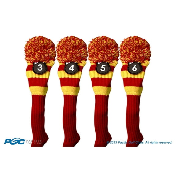 Majek #3, 4, 5, & 6 Hybrid Combo Pack Rescue Utility Red & Yellow Golf Headcover Knit Pom Pom Retro Classic Vintage Head Cover