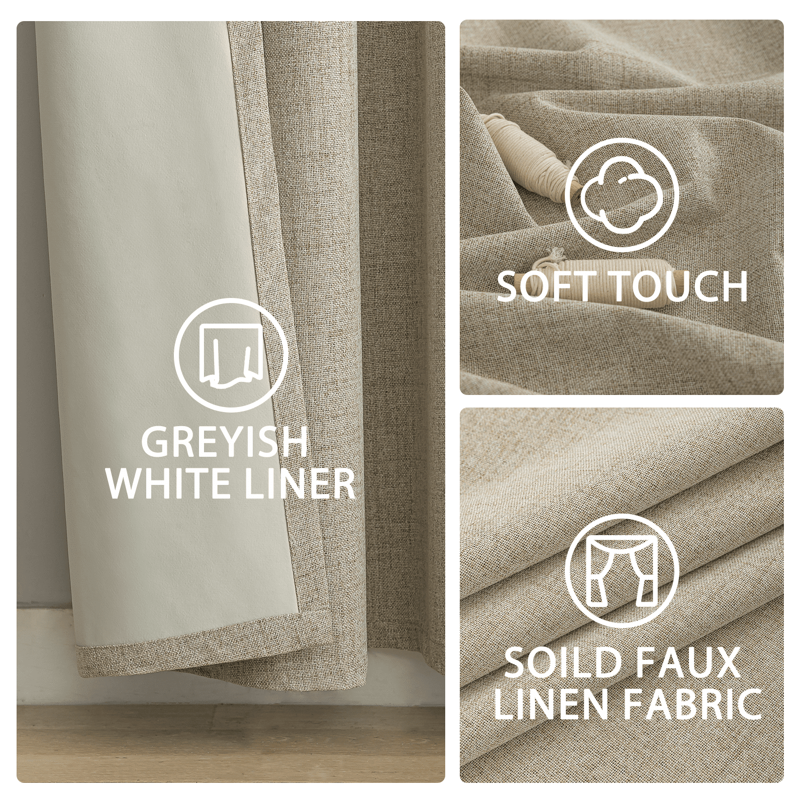 Yakamok Natural Linen Curtains 100% Blackout 96 Inches Long,Room Darkening Textured Curtains for Living Room Thermal Grommet Bedroom Curtains 2 Panels with Greyish White Liner