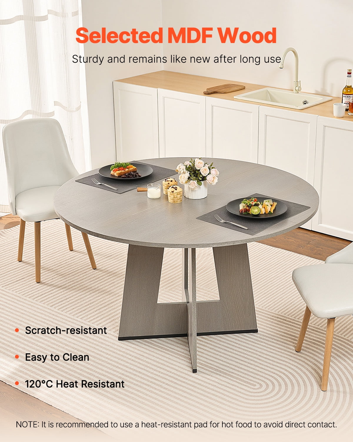VEVOR Round Dining Table, 47 inch Wood Table for 4-6 Person, Farmhouse Circle Dinner Furniture, Rustic Leisure Tables with Thick Wooden Legs, for Home Kitchen Living Room, Grey (Only Table)