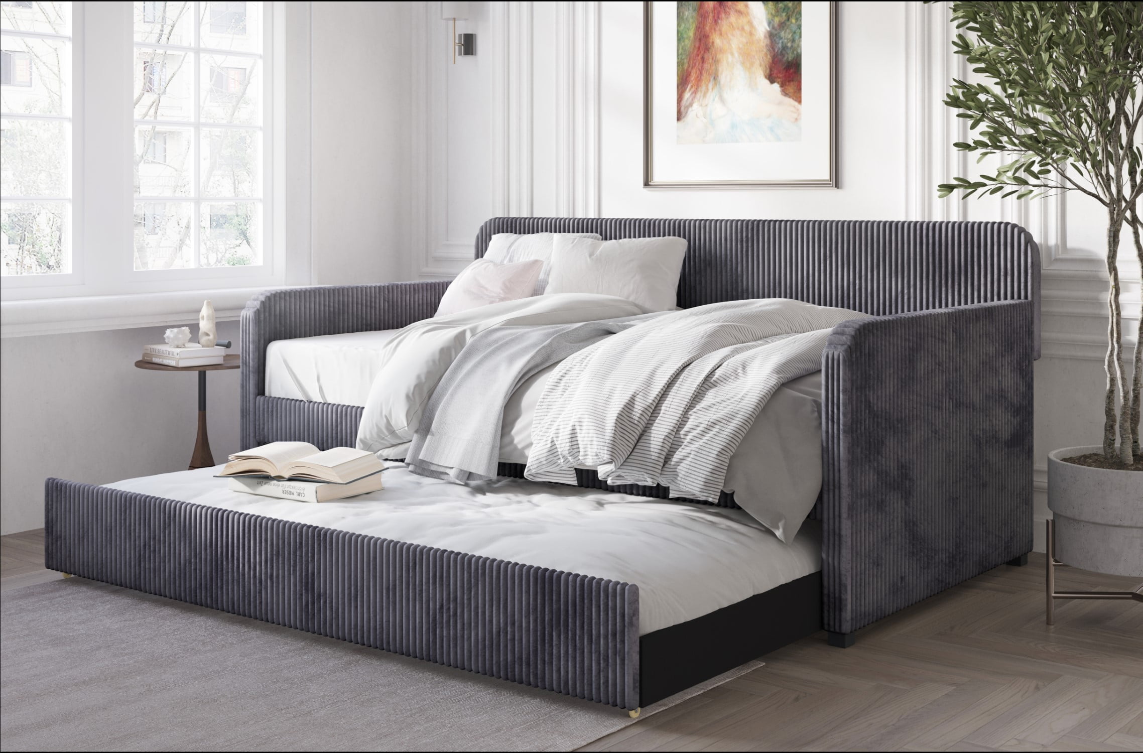 Home Design Melissa Twin Daybed with Upholstered Frame and Pull-Out Trundle, Vertical Tufting, Stylish Sleeping and Seating Solution, Gray