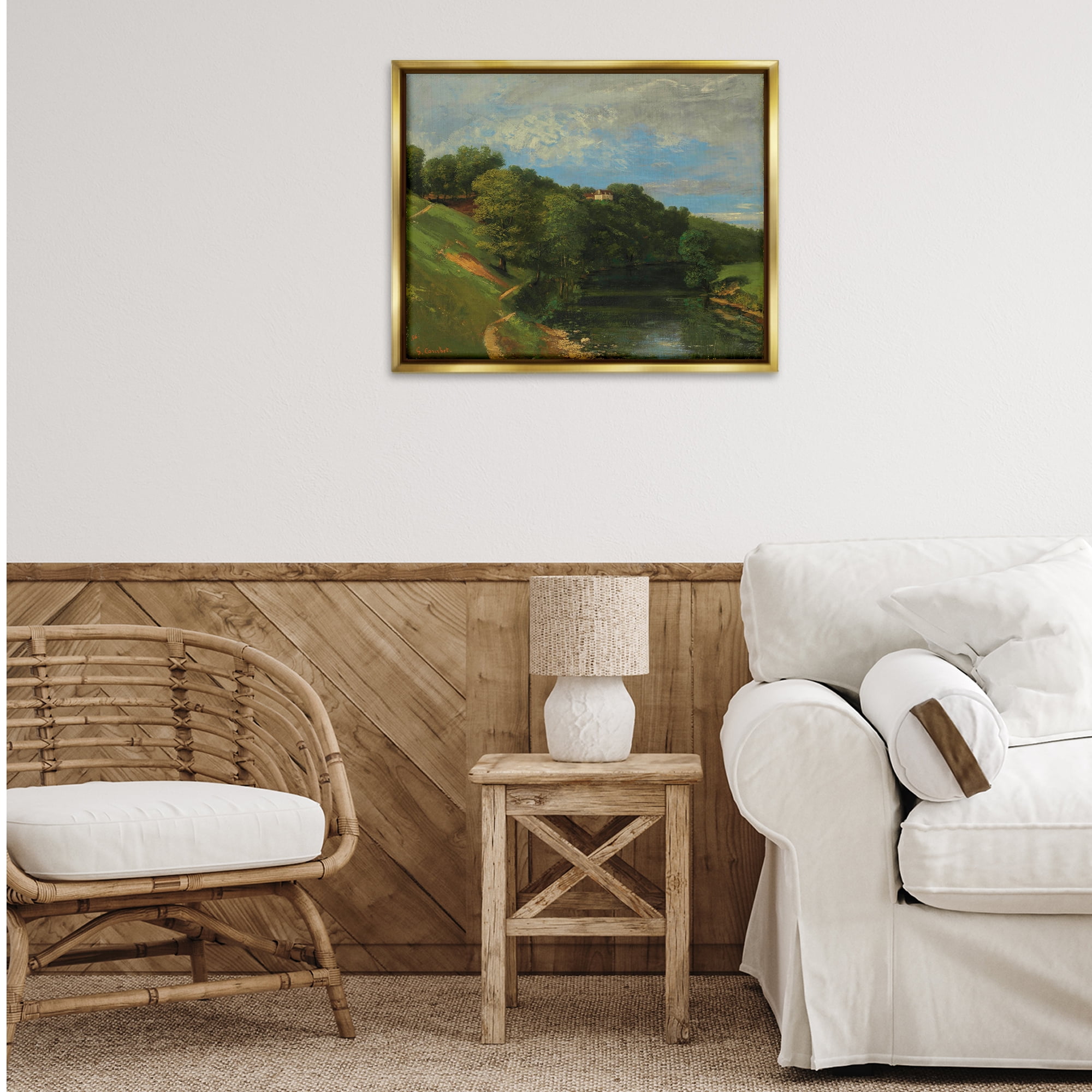 Stupell Industries Classic River Landscape Landscape & Nature Painting Gold Floater Framed Canvas Art Print Wall Art, 31 x 25
