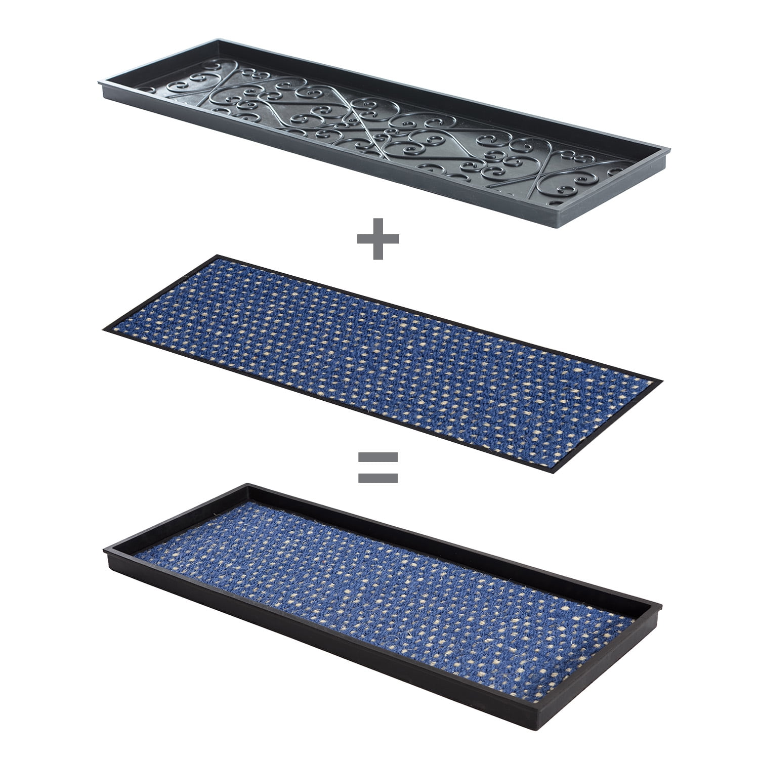 Black Metal Boot Tray with Blue & Ivory Coir Insert