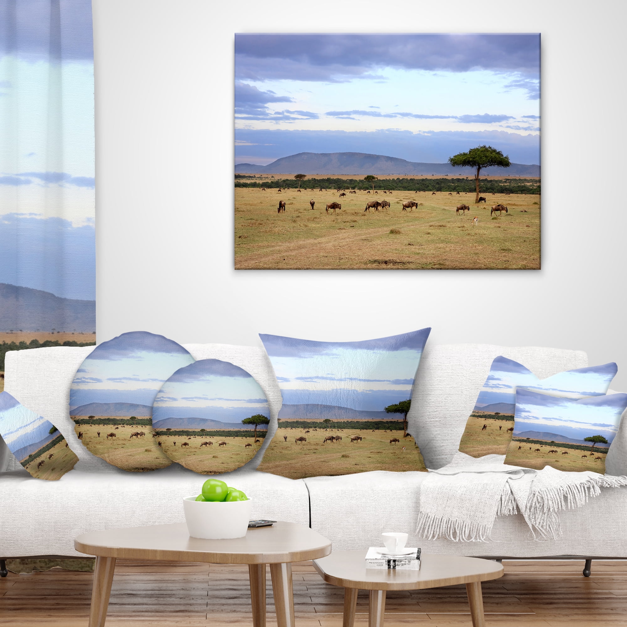Designart Wildebeest Herd in Masai Mara - African Landscape Printed Throw Pillow - 16x16