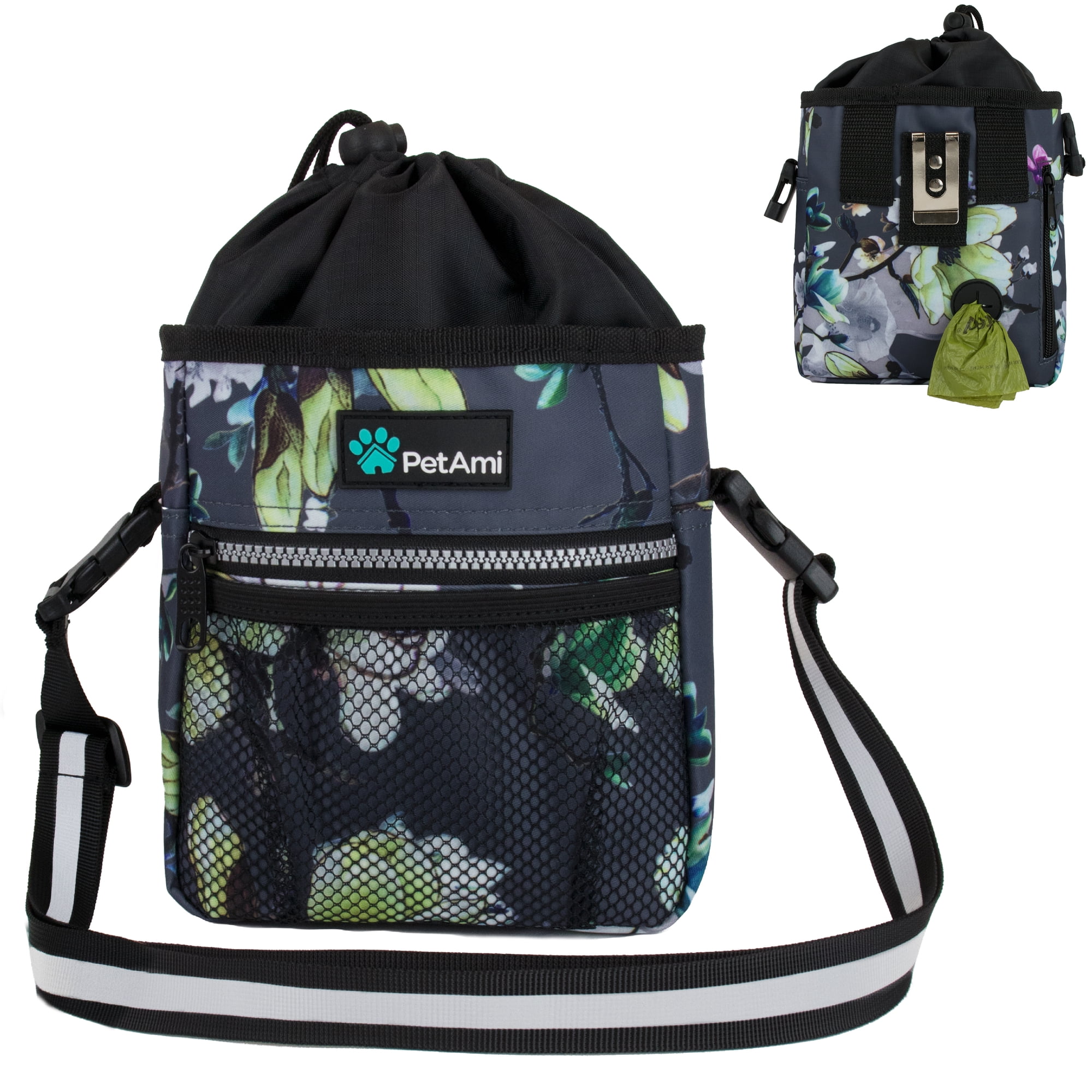 PetAmi Dog Treat Pouch Pet Treat Pouch For Training Dog Walking Bag Holder for Kibbles Pet Food Toy Dog Trainer Essentials Supplies Poop Bag Dispenser 3 Ways to Wear (Floral Grey)