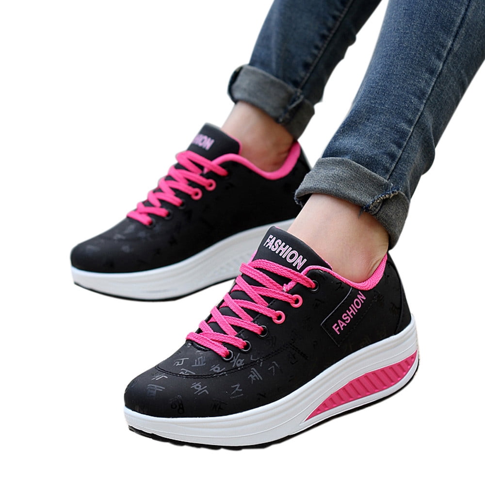 Xzngl Women Casual Sport Fashion Walking Flats Height Increasing Swing Wedges Shoe Black 39