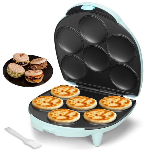Mailand Electric 6-Hole Arepas & Mini Pancake Maker, Fried Egg Pan, Browning Control, Aqua
