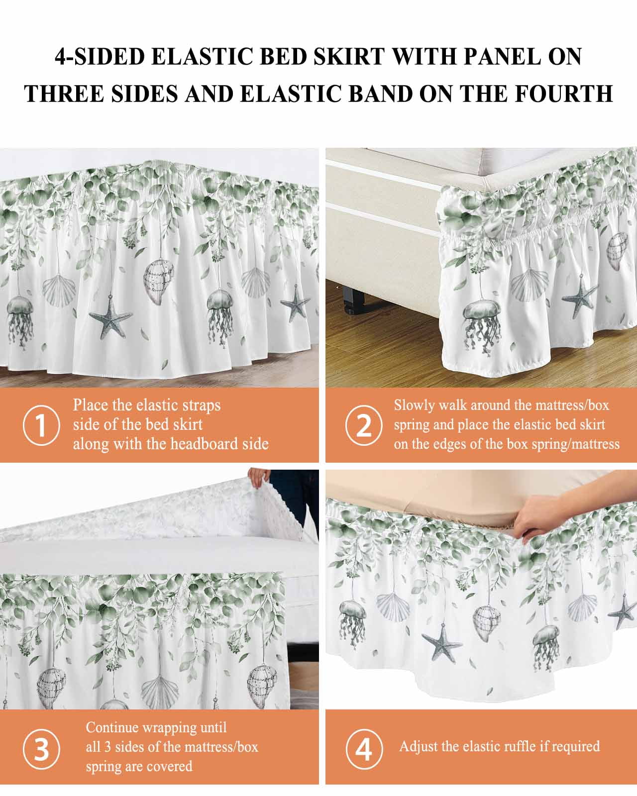 Sage Green Coastal Wrap Around Bed Skirts for Queen Bed 18" Drop,Bed Skirt with Adjustable Elastic Belt Dust Ruffle Bed Valance Summer Eucalyptus Leaves Beach Ocean Starfish Conch Bed Frame Cover