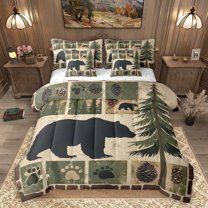 Homewish Woodland Animal Bear 7-Piece Bedding Comforter Set,Rustic Pine Cone King Bedding Sets,Beige Black Green Bed Sheets For Men Women,Super Cozy Room Decor Reversible
