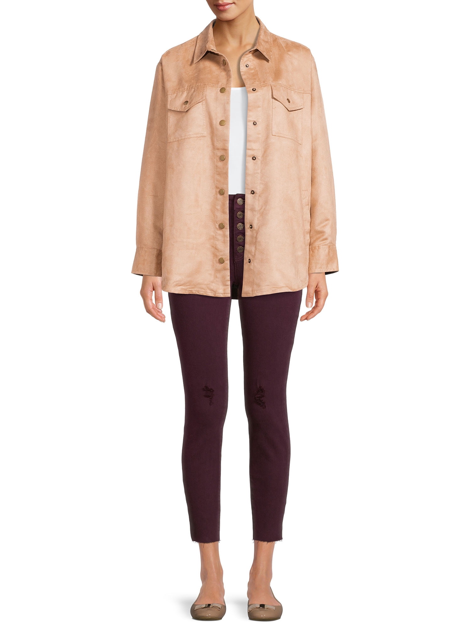 Time and Tru Women's Faux Suede Shacket with Snaps, Sizes XS-XXXL