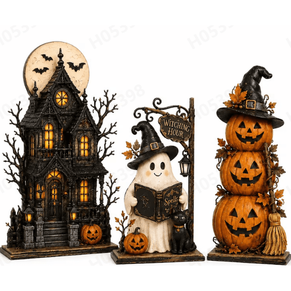 Layered Halloween Haunted House Scene Decoration, Lighted Halloween Village Display with Ghost Pumpkin Witch LED Lights, Seasonal Tabletop Decor for Home Shelf Mantel Party