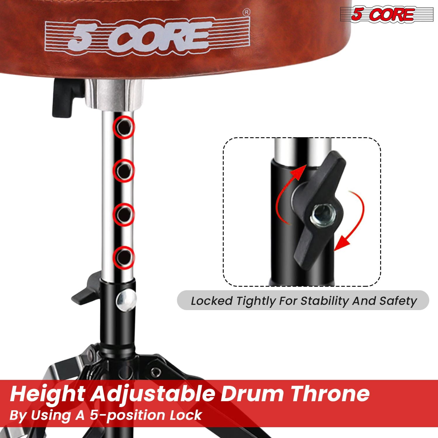 5 Core Drum Throne 3" Thick Padded Guitar Stool 200Lb Capacity Heavy Duty Adjustable Drummer Chair