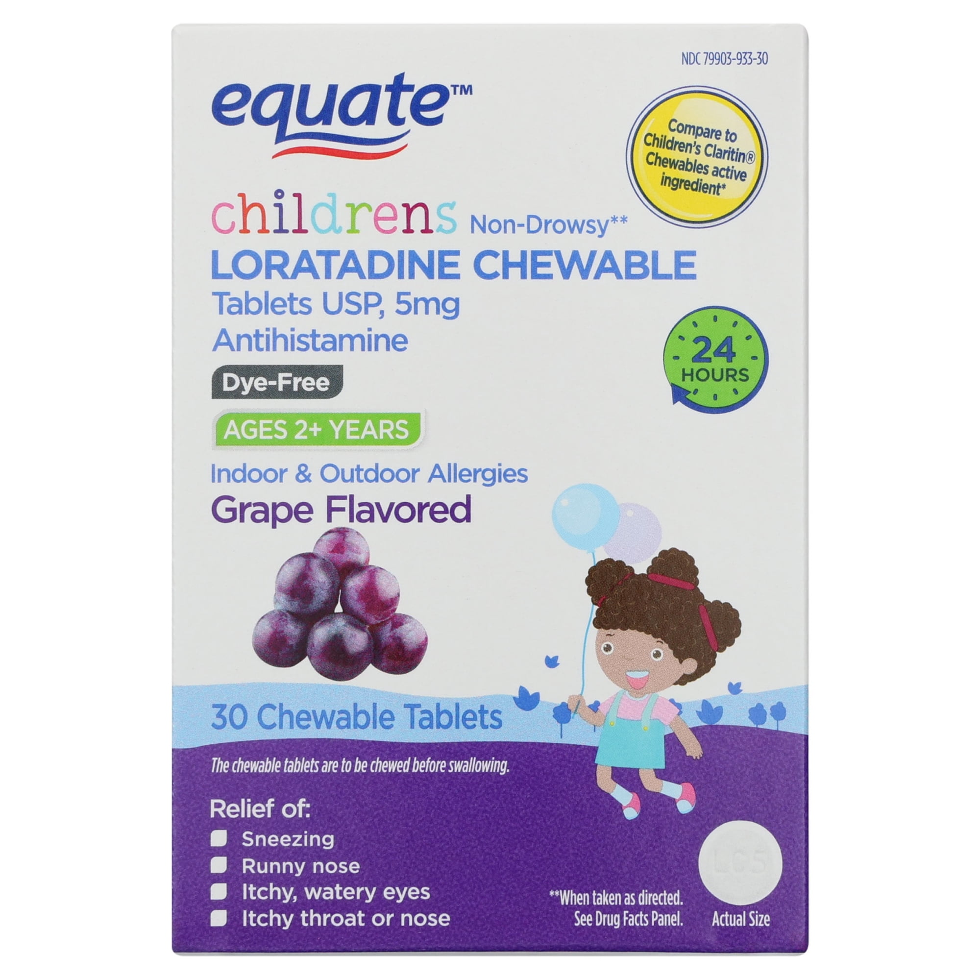 Equate Children's Non-Drowsy Loratadine Antihistamine Chewable Tablets, Grape Flavor, 5 mg, 30 Count