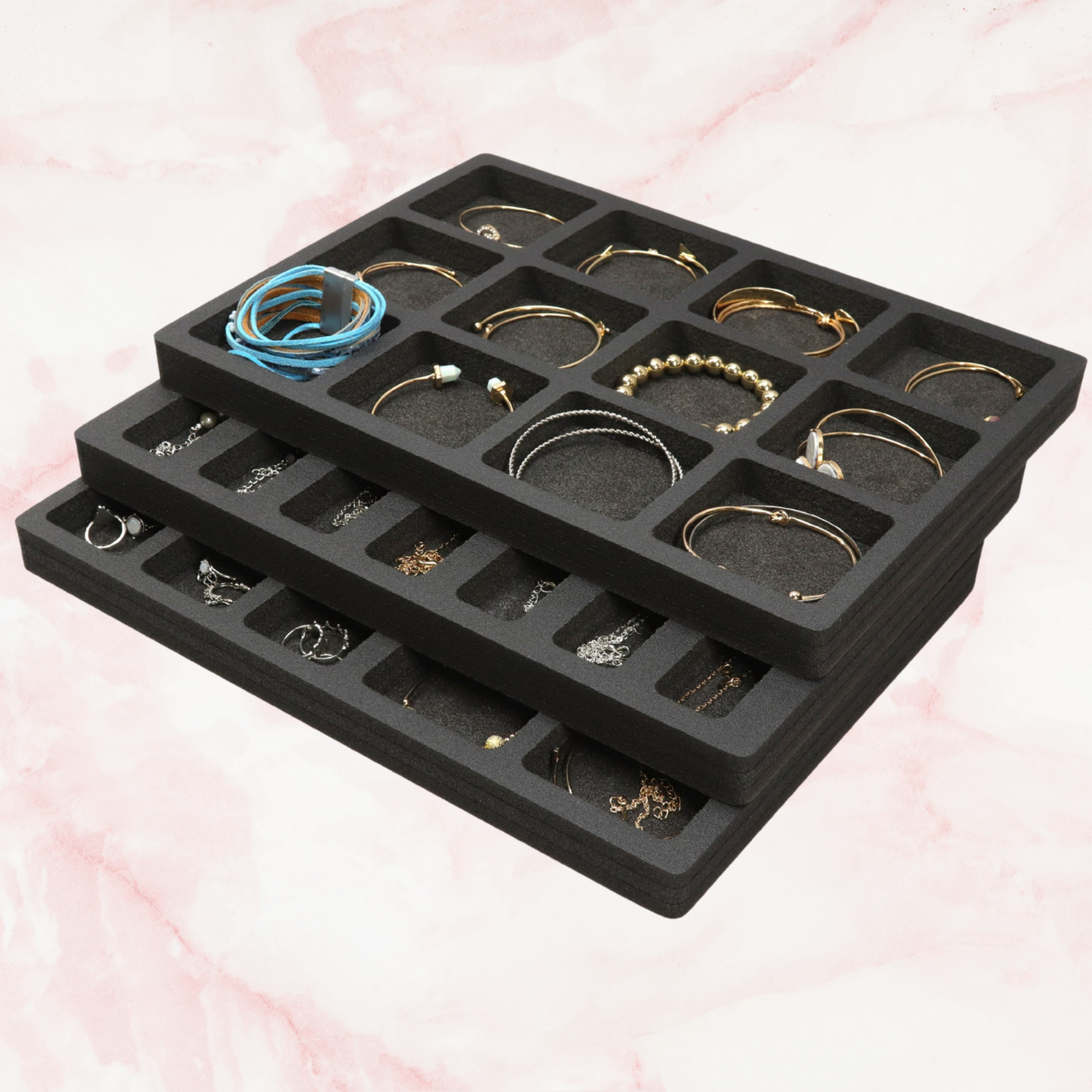 Stackable Jewelry Tray Display Organizer Grid 16x10 Black Foam Necklace More 