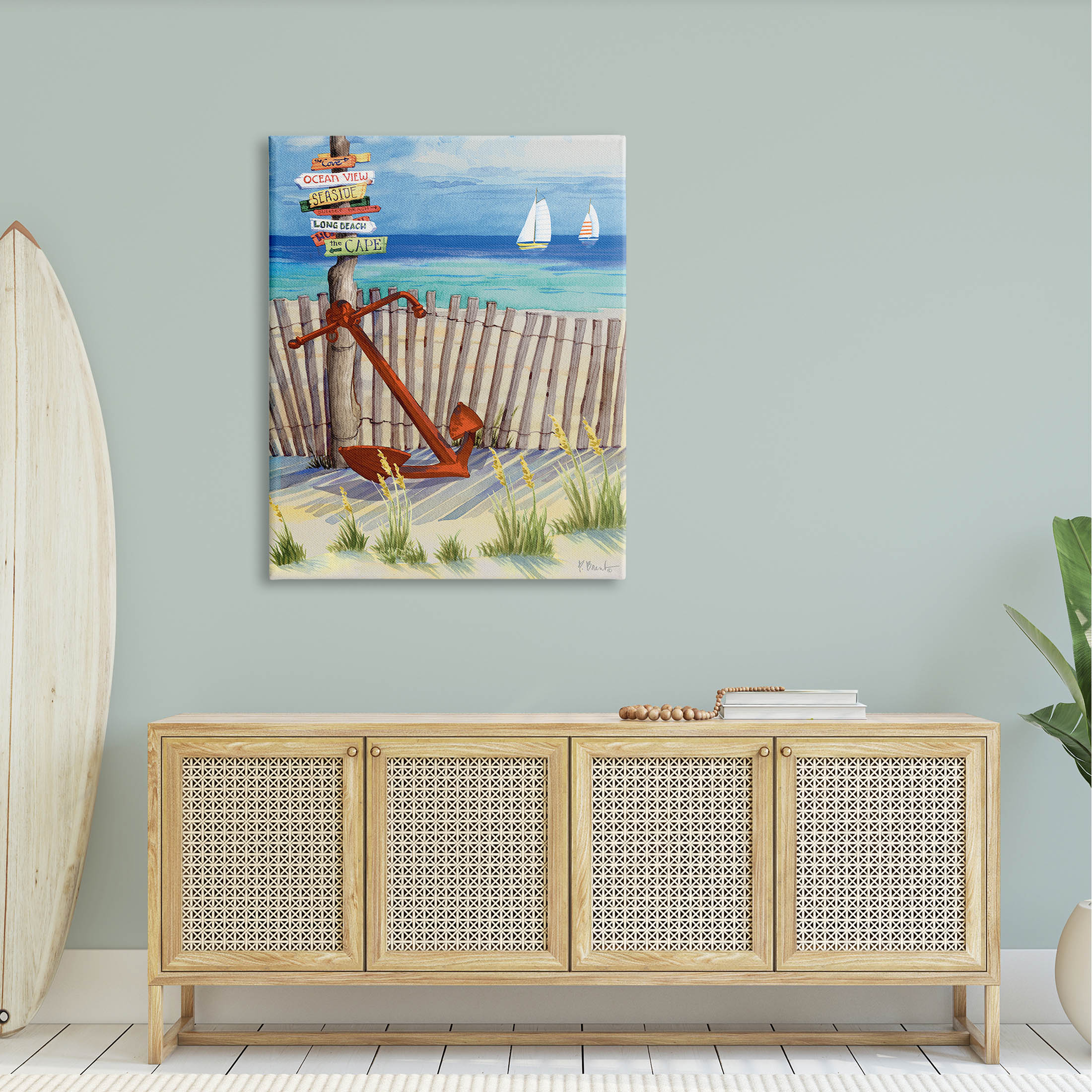 Anchor Leaning Beach Directions Sign Coastal Painting Gallery Wrapped Canvas Print Wall Art