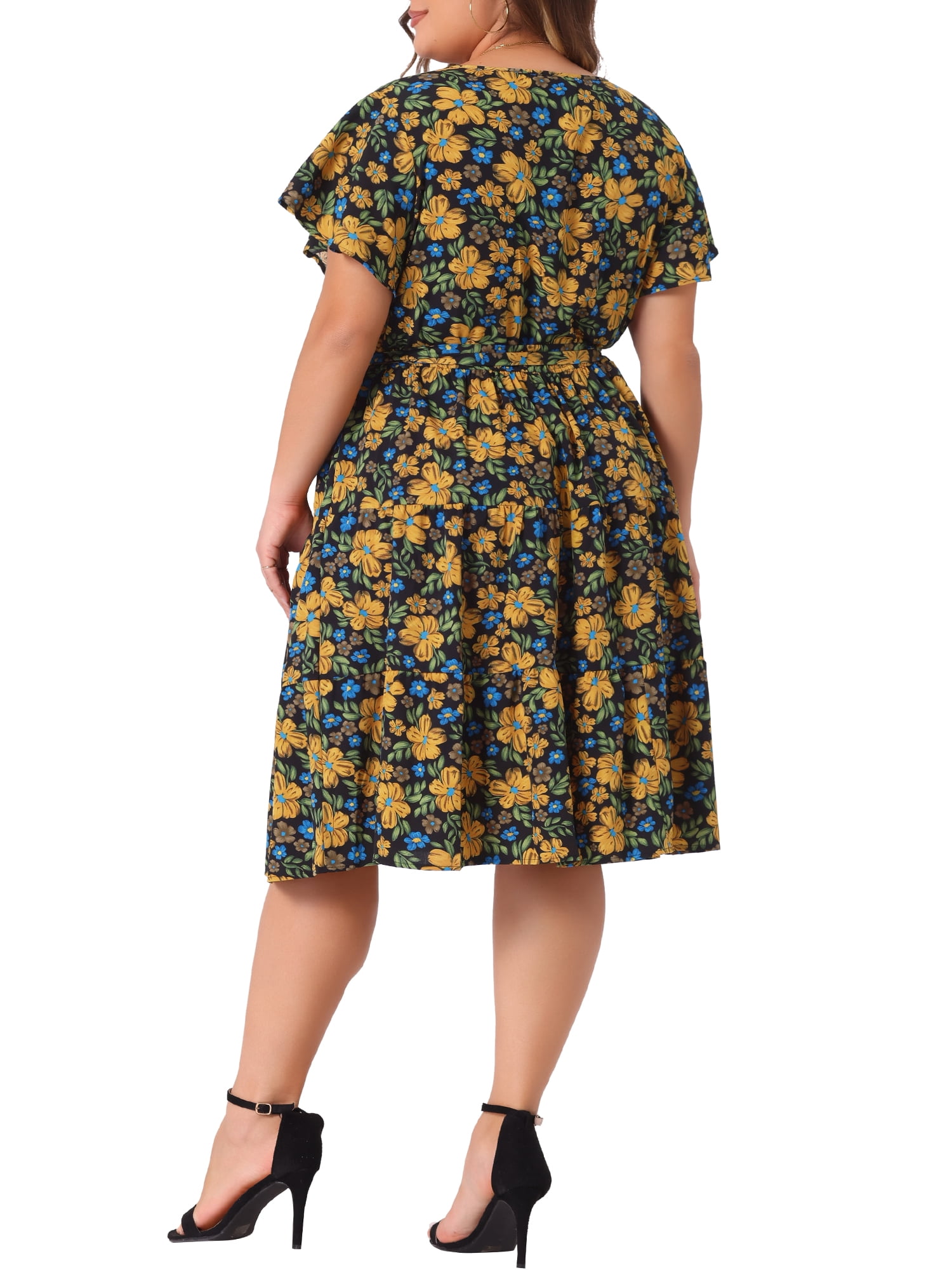 DARING DIVA Plus Size V Neck Elastic Waist Ruffle Floral Midi Dress 4X Black