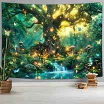 Fantasy Forest Nature Tapestry, Fairy Magical Enchanted Jungle Tree Waterfall Mushroom Butterfly Tapestry Wall Hanging, Trippy Plant Botanical Aesthetic Tapestry for Bedroom Living Room 60X40 Green