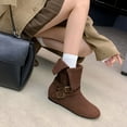 thumbnail image 3 of Womens Boots Fashion Strappy Suede Fold Over Ankle Booties Round Toe HIdden Wedge Low Heel Mid Calf Fall Boots Brown 5.5, 3 of 7
