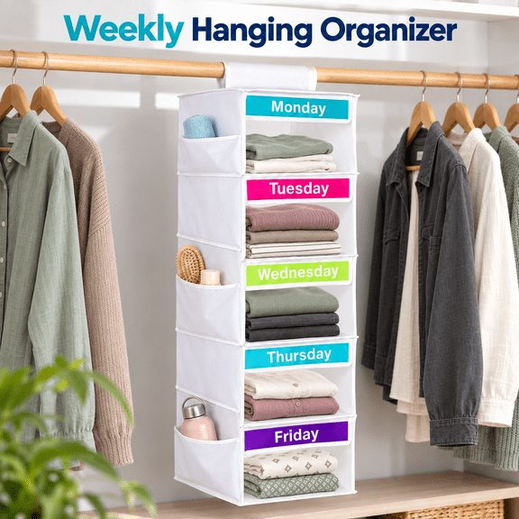 OZERA Weekly Clothes Organizer, 5‑Shelf Hanging Closet Organizer with 6 Side Pockets and Weekday Labels, Weekly Clothing Preparation Divider