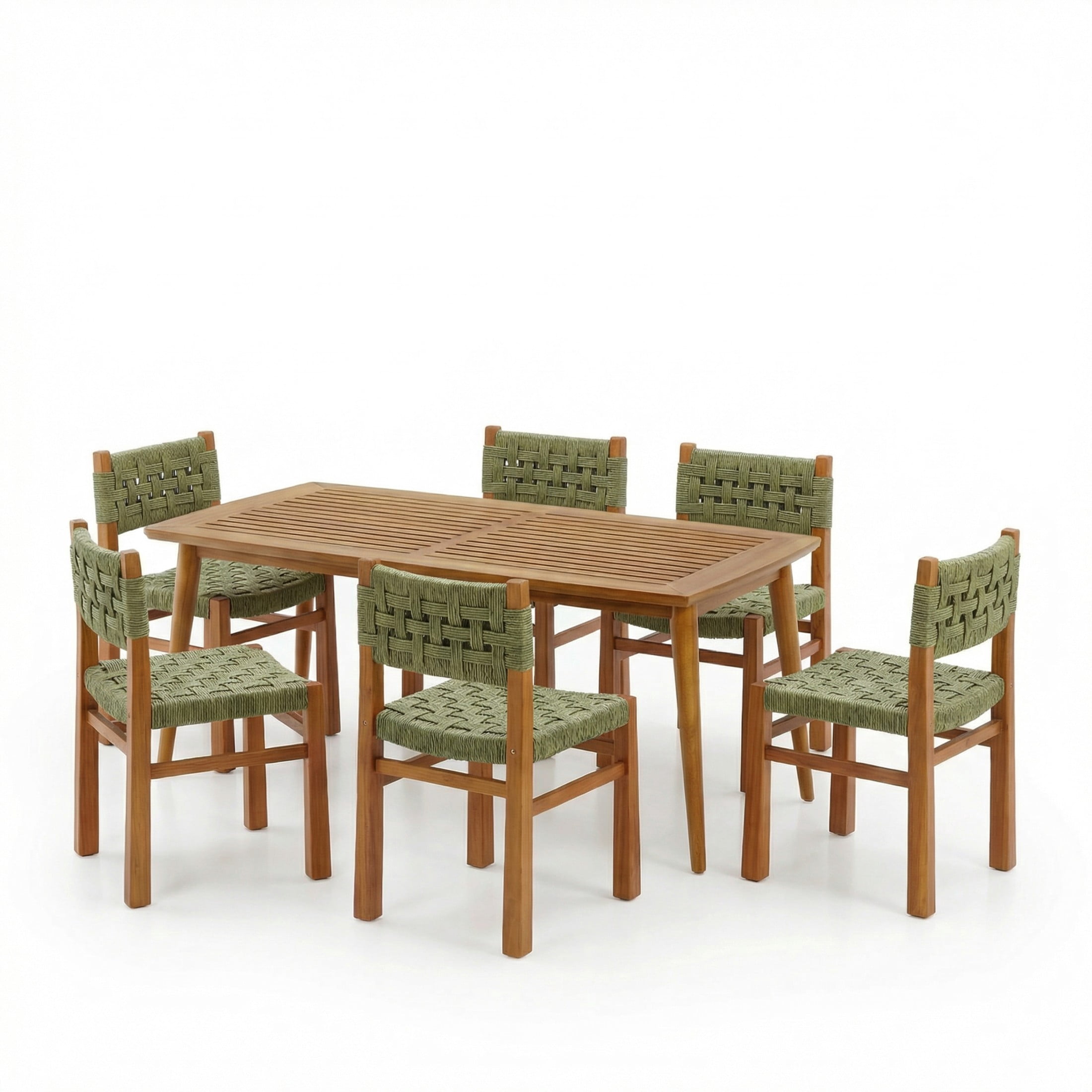 Christopher Knight Home 7-Piece Outdoor Wood Dining Set, 71" Teak Table and Green Wicker Chairs