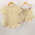 thumbnail image 3 of LNMQLPDBS Girls' Clothing Sets Cloth Splice Satin Ruffle Hem Solid Color Crewneck Short Sleeve Tshirt + Shorts 3pcs Outfits Clothes Toddler Girl Summer Sets for School Daily Home Yellow 4-5 Years, 3 of 3