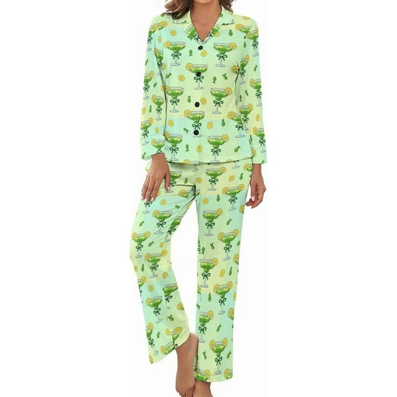 Top-kevin Pajama Sets for Womens Margarita Glasses Lemons Loose Button Down Long Sleeve Shirts And Pants Set