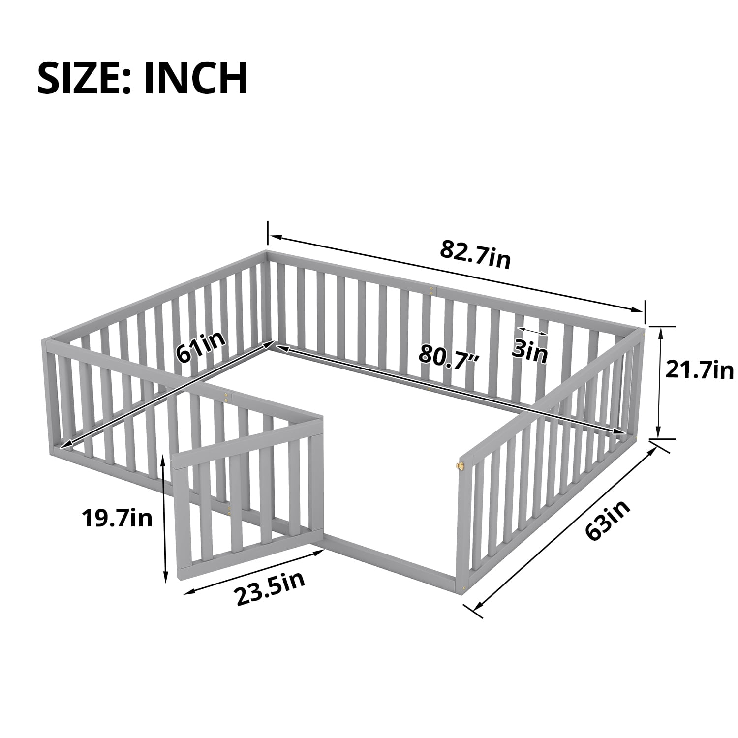 ARCTICSCORPION Pinewood Queen Floor Bed with Guardrail and Fence and Door, Gray