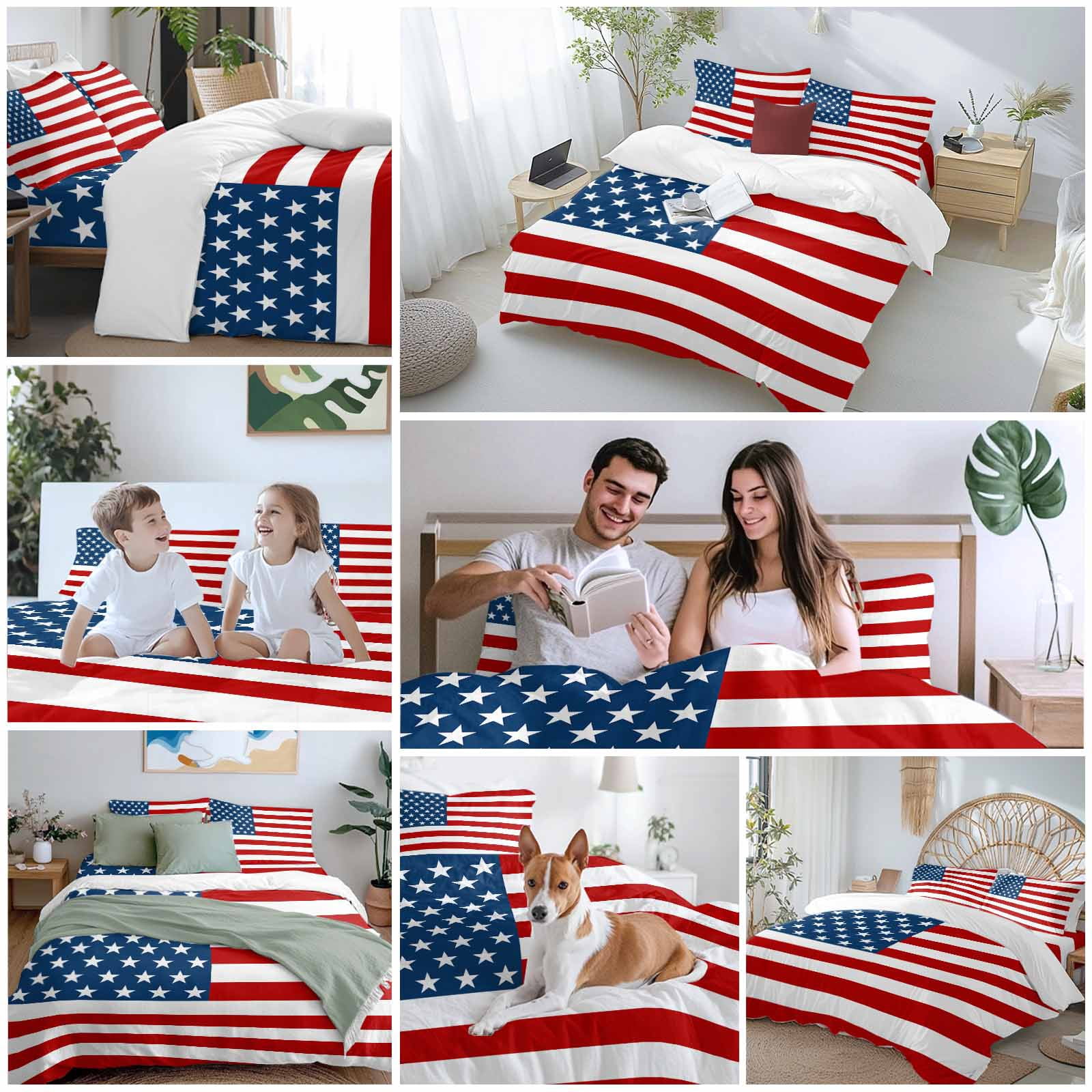 American Flag Duvet Cover Set, Blue Red USA Flag Soft Duvet Cover Full Size Bedding Set 4 Pieces, 1 Quiltcover and 2 Pillowcases with Zipper, 1 Bed Sheet for All Seasons