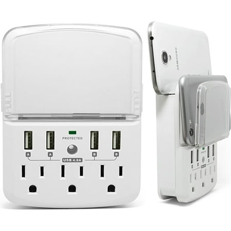 RND Wall Power Station includes 3 AC Plugs and 4 USB ports (4.8A total) with Surge Protection and slide-out holder for iPhone, iPad, Samsung Galaxy, LG, HTC, Moto and all USB Compatible